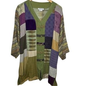 Vintage Donna Jessica Green Quilted Knot Mixed Media Silk Jacket Size 3 / Large